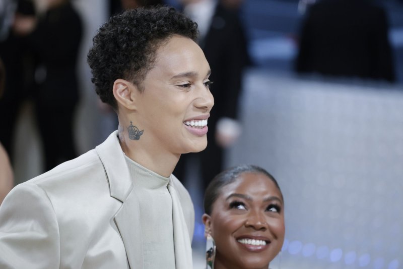 WNBA star Brittney Griner (L) and her wife, Cherelle, shared the first photos with their baby boy, Bash. File Photo by John Angelillo/UPI