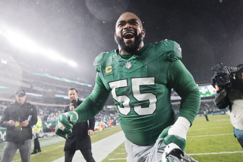 Philadelphia Eagles pass rusher Brandon Graham told reporters he sustained a torn tricep and will miss the remainder of the 2024 season. File Photo by Laurence Kesterson/UPI