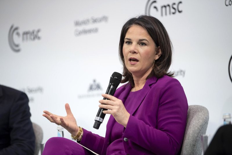 German Foreign Minister Annalena Baerbock speaks during the Munich Security Conference in Munich on February 18, 2023. This week, she floated the idea that sabotage may have been a reason for a DHL plane crash in Lithuania on Monday. File Photo by Stephan Goerlich MSC/UPI