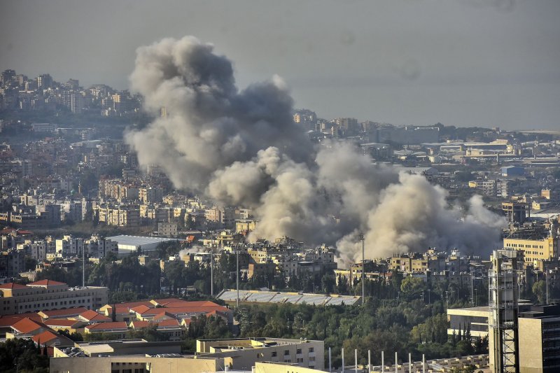 Smoke billows following the Israeli army launched a series of airstrikes on Dahieh region in Beirut, Lebanon on Saturday. Photo by Rahim Rhea/UPi..