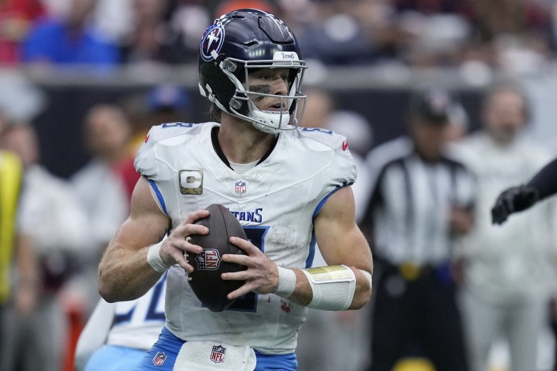 Tennessee Titans quarterback Will Levis looks to pass against the Houston Texans on Sunday at NRG Stadium in Houston. Photo by Kevin M. Cox/UPI