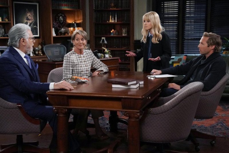 From left to right, John Larroquette, Wendie Malick, Melissa Rauch and guest star Ryan Hansen return in "Night Court." Photo courtesy of NBC