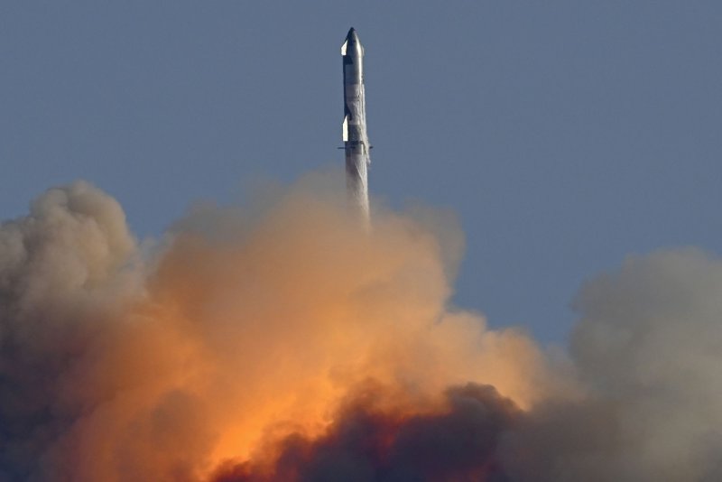 The SpaceX Starship rocket launches on its sixth flight test from Starbase in Boca Chica, Texas, on Tuesday. Plans for another Super Heavy booster "catch" were scrapped as it was guided to a controlled splashdown in the Gulf of Mexico. Starship splashed down more than an hour later in the Indian Ocean. Photo by Joe Marino/UPI