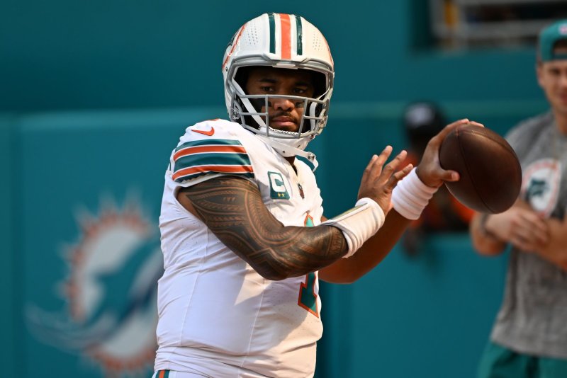Miami Dolphins quarterback Tua Tagovailoa is a Top 10 fantasy football option in Week 12. File Photo by Larry Marano/UPI