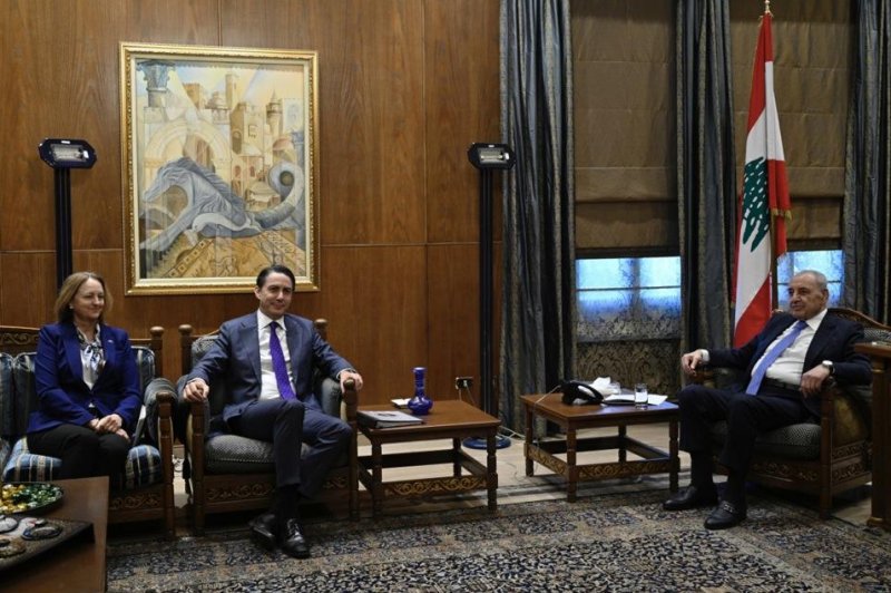 Lebanese Parliament Speaker Nabih Berri (R) meets with U.S. special envoy Amos Hochstein (C) and U.S. Ambassador to Lebanon Lisa Johnson in Beirut, Lebanon, on Tuesday. Hochstein arrived in Beirut for talks with Lebanese officials on a cease-fire deal between Israel and Hezbollah. Photo by Wael Hamzeh/EPA-EFE